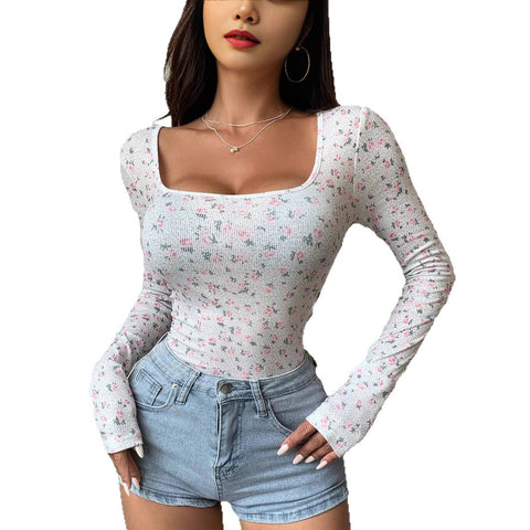 Hot-selling low-neck ribbed knitted women's 3D printing long-sleeved T-shirt m301564