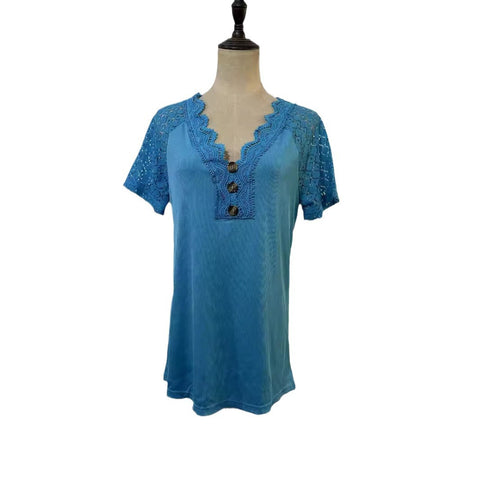 Comfort and Casual Lace Short Sleeve Stitching V-neck Pullover M300159