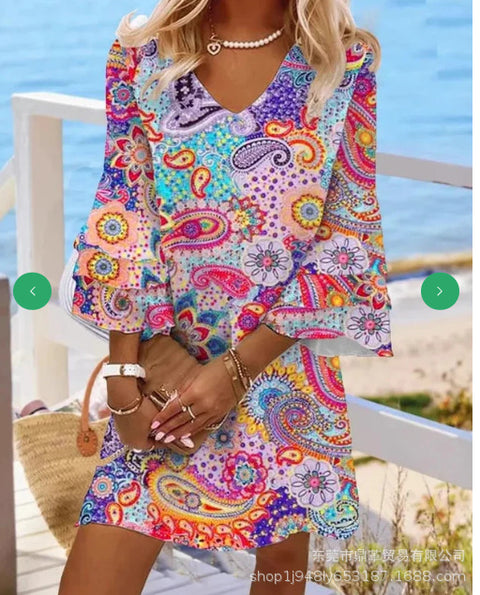 Full-body printed V-neck dress m302858