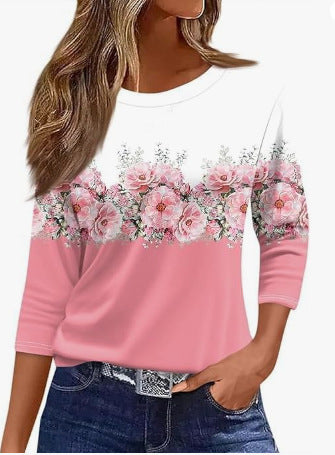 Slim and thin imitation cotton round neck printing solid color seven-quarter sleeve long sleeve m302884