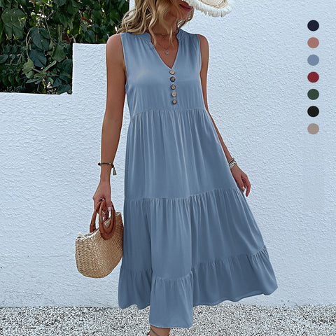 Summer popular sleeveless pleated skirt loose V-neck medium and long dress m300851