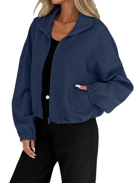 Turtleneck hem drawstring pocket ladies loose baseball jacket m302164