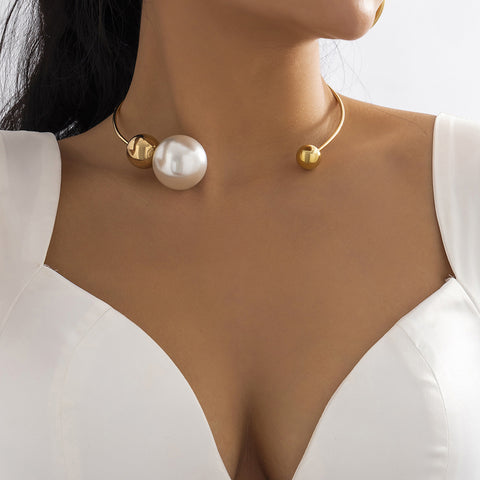 Gold pearl collar with open circular ring asymmetrical and minimalist fashion round bead necklace for women m3331192