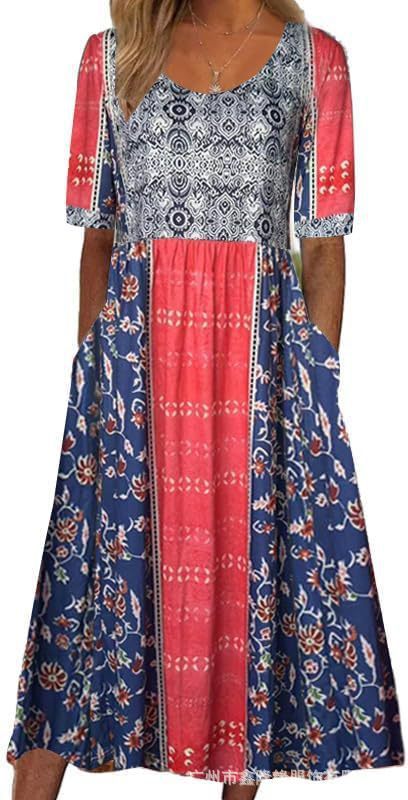 Ladies Casual Crew Neck Pullover Short Sleeve 3D Printing Pleated Waist Swing Long Dress Dress m301299