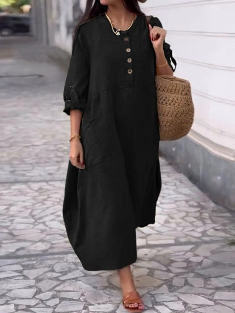 Women's Solid Color Crew Neck Cotton and Linen Long Sleeve Casual Double Pocket Button Long Dress m302717