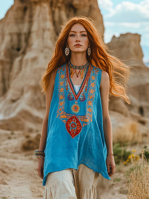 Plant flower print V-neck ethnic tribal vest top m301533
