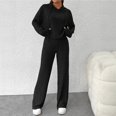 Casual knitted long-sleeved suit women's foreign trade hooded sweater loose trousers two-piece set m301892