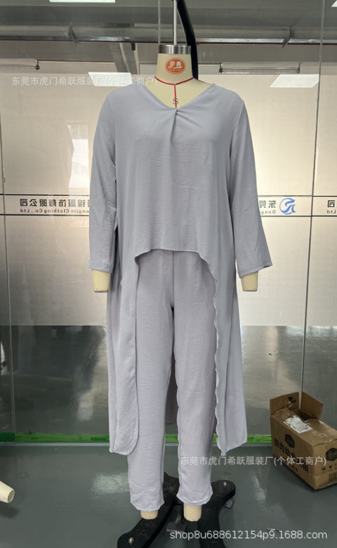 Women's summer pocket V-neck 2-piece set solid color loose women's clothing m301501