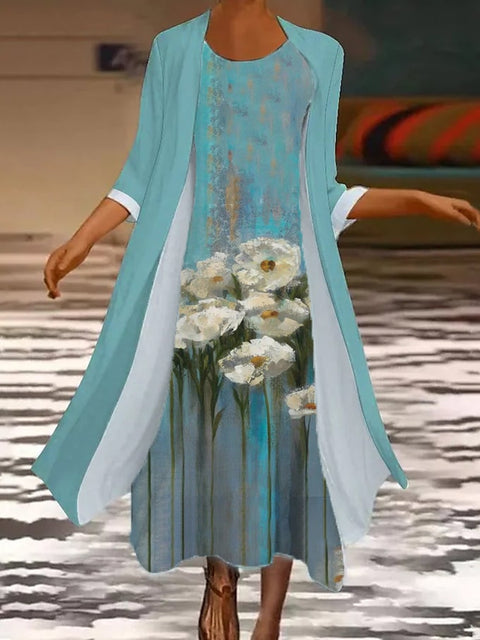 New women's long dress two-piece set flower and grass print crew neck dress m301251