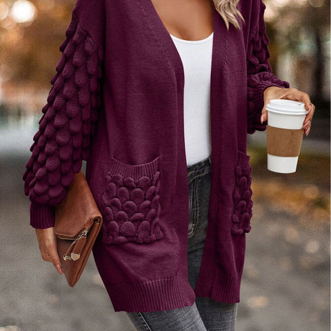 Autumn and winter feather net color V-neck cardigan long-sleeved knitted pocket sweater m300604