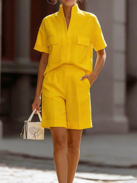 Casual loose cotton and linen top high waist shorts cotton and linen set m302678