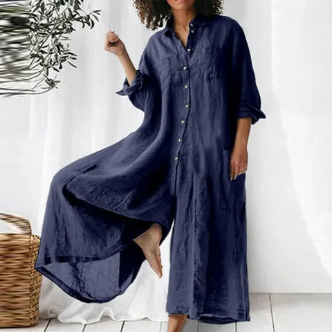 Long-sleeved medium and long cotton and linen shirt jumpsuit women's m302949