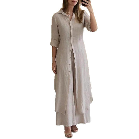 Elegant cotton and linen slim-fitting waist long-sleeved shirt wide-leg pants set m301063