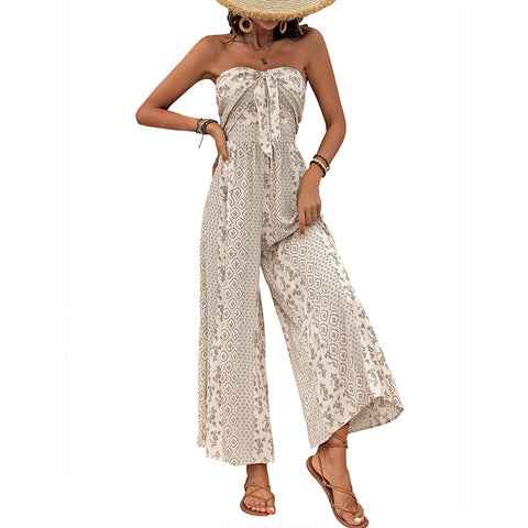 Summer hot-selling high-waisted lace-up wide-leg pants with splicing ethnic style casual wide-leg trousers m300833