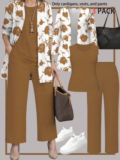 Pink three-piece casual suit women's cardigan wide-leg pants m302761