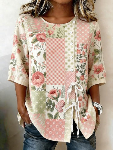 Temperament women's long-sleeved shirt printed top lace-up shirt m302925