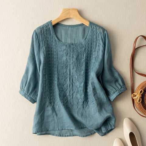Summer thin embroidered top retro breathable cotton and linen short-sleeved t-shirt m302790