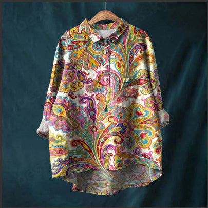 Long Sleeve Bamboo Linen Printing Fashion Versatile Lapel Shirt m301040