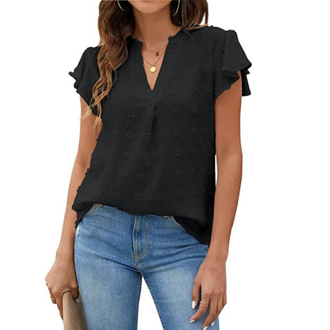 New V-neck pleated lotus leaf sleeves hairball top chiffon shirt m302693
