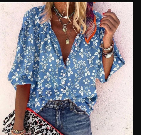 women's clothing stand-up collar loose button retro printed casual shirt m301723