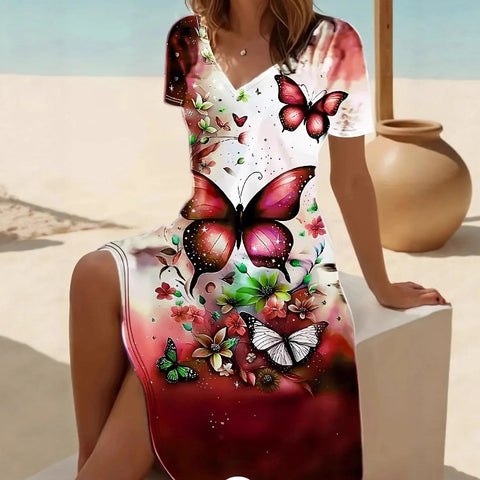 New V-neck casual flower print short-sleeved medium-length dress m302707