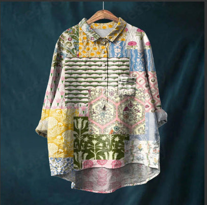 Long Sleeve Bamboo Linen Printing Fashion Versatile Lapel Shirt m301040