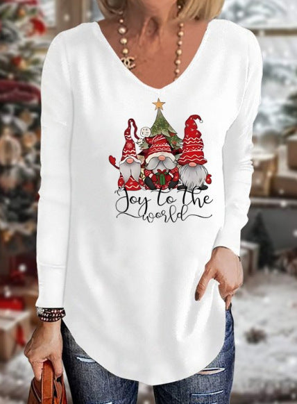 Loose 3D V-neck long-sleeved T-shirt women's Christmas printed bottoming shirt m302098