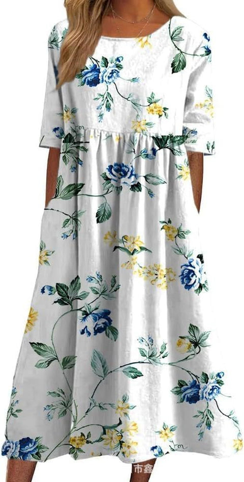 Ladies Casual Crew Neck Pullover Short Sleeve 3D Printing Pleated Waist Swing Long Dress Dress m301299