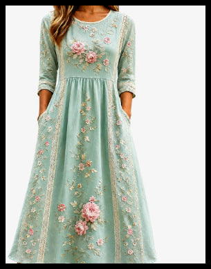 3D printed floral element women's crew neck pocket dress m303029