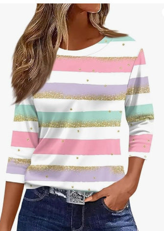 Slim and thin imitation cotton round neck printing solid color seven-quarter sleeve long sleeve m302884