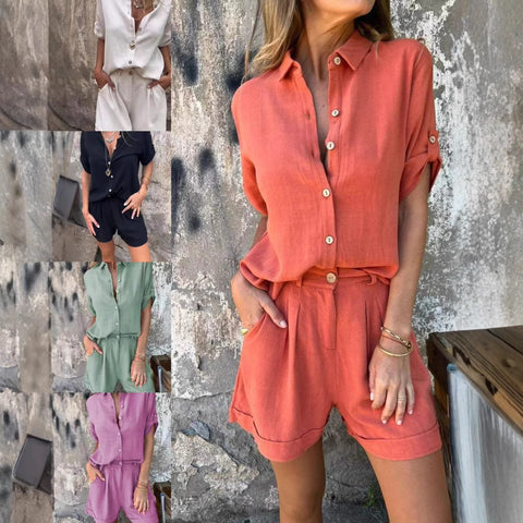 Spring and summer new cotton and linen short-sleeved shorts casual suit women's m302947