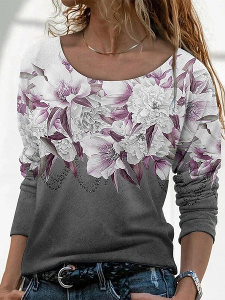 3D printed women's casual flower crew neck long-sleeved t-shirt top m301719