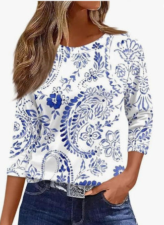 Slim and thin imitation cotton round neck printing solid color seven-quarter sleeve long sleeve m302884