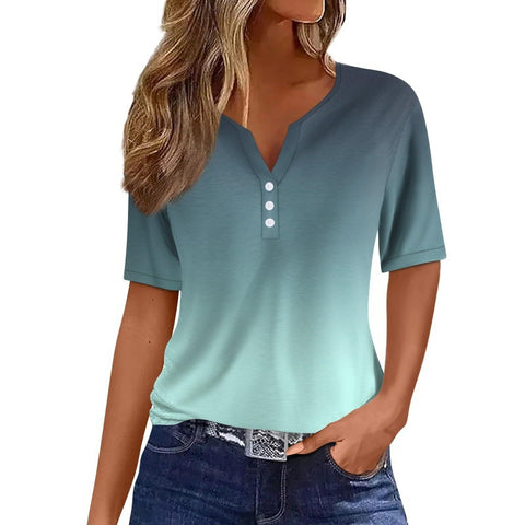V-neck three-button 3D printed short-sleeved women's top m300617