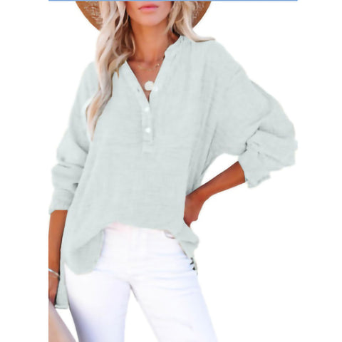 Pleated button long sleeve solid color top women's shirt loose cotton jumper m301576
