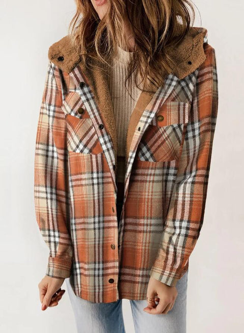 Women's plaid jacket long-sleeved hairy hooded jacket jacket with pockets m302153