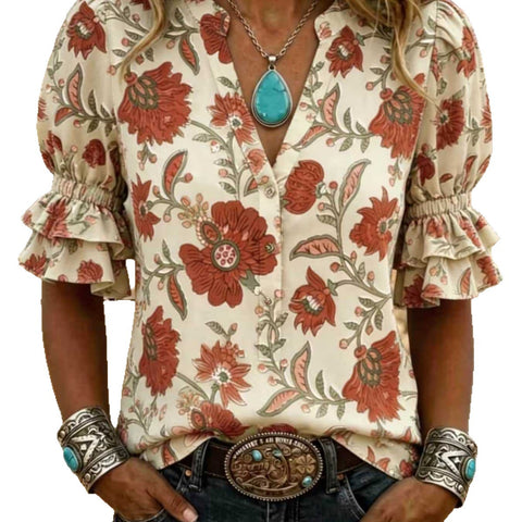 V-neck three-button top digital print horn-sleeved shirt FF303333