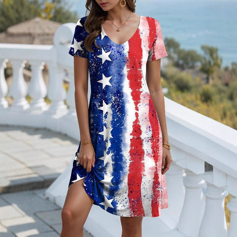 Casual pullover short-sleeved dress digital printing national flag day stars and stripes style m302670