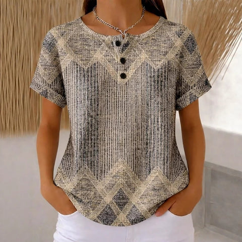 Geometric print henry collar short sleeve t-shirt women m302674