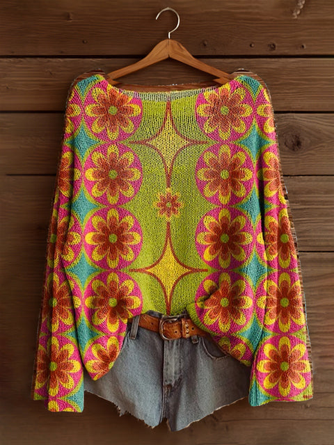 Vacation print casual cape top crew neck knitted sweater m302130