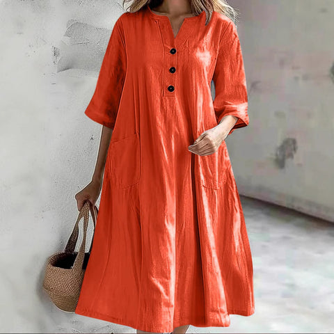 Dress Ladies medium and long V-neck half-sleeve cotton and linen loose version three-button pocket dress m302672