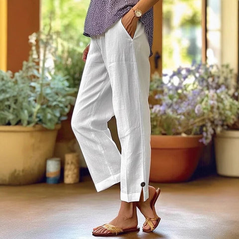 Women's cotton and linen loose solid color elastic waist pocket straight casual pants m301424