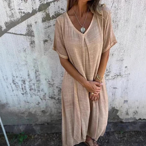 Fashion cotton and linen V-neck semi-formal dress m301062