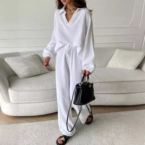 Elegant women's casual loose suit women's long-sleeved top + drawstring trousers suit autumn lapel two-piece set m301184