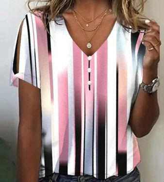 3D printed V-neck button-up T-shirt top daily short-sleeved m301263