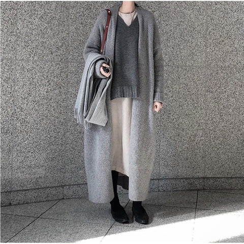 Long knitted cardigan over knee strap split loose sweater jacket women's m302061