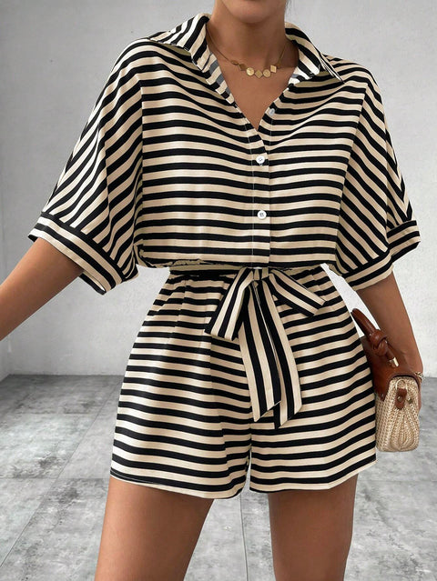 Striped lapel cardigan button medium sleeve belt shorts set onesie women's m301031