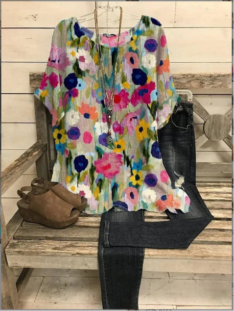 Loose round neck short-sleeved cotton and linen top women's m301281