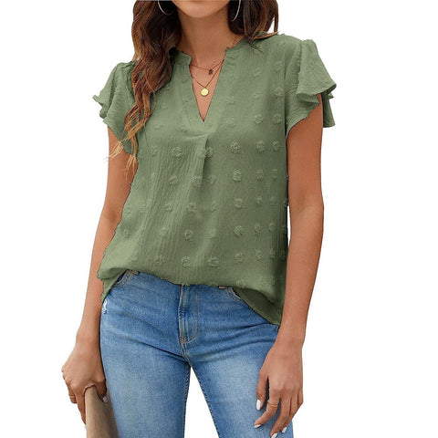 New V-neck pleated lotus leaf sleeves hairball top chiffon shirt m302693