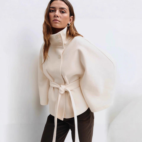 Stand-up collar waist thin lace-up solid color woolen coat women's m302333